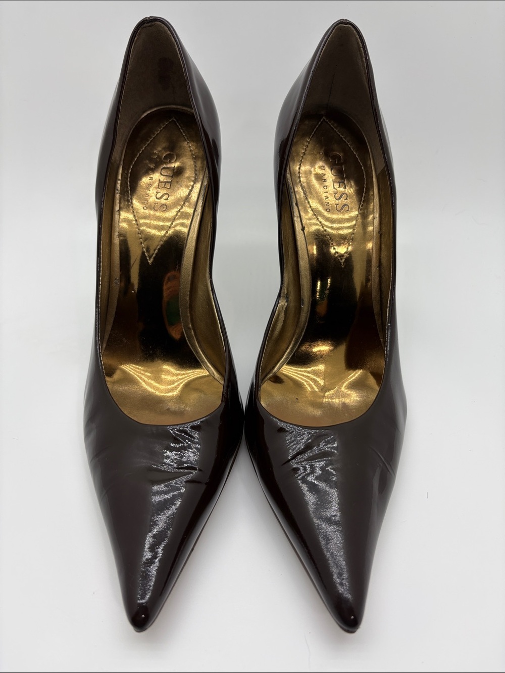 Y2K GUESS Patent Leather Pointed Toe Pumps in Dark Brown